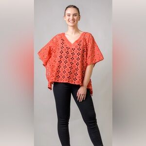 Cotton Schiffli Crop Top Coral Eyelet Women Top. One Size. Color: Coral